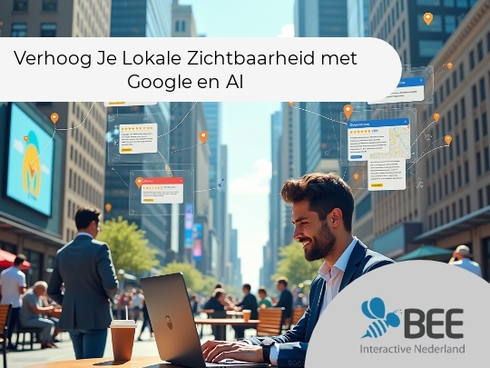 Een man in een pak zit buiten aan een tafel in een drukke stad en werkt op een laptop. Om hem heen zijn digitale locatiepinnen en beoordelingen weergegeven, die aan verschillende locaties en diensten in de stad zijn gekoppeld. Het tafereel vindt plaats op een zonnige