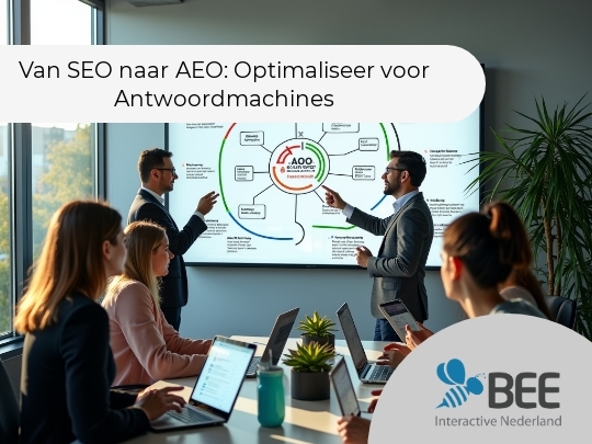 Een groep mensen zit in een moderne vergaderruimte terwijl ze naar een groot scherm kijken waarop een grafiek of mindmap staat. Twee mannen staan voor het scherm en geven een presentatie, terwijl de anderen aantekeningen maken op hun laptops. Er is veel natuurlijk licht en