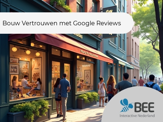 Een zonnige straat met mensen die langs een café lopen genaamd 