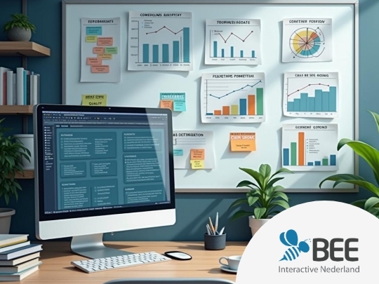 Een moderne kantoorruimte met een bureau waarop een computer staat die een dashboard met tekst weergeeft. Aan de muur hangt een whiteboard met verschillende grafieken en diagrammen. Er staan boeken en een plant op het bureau, en in de hoek is een andere plant zichtbaar. Het