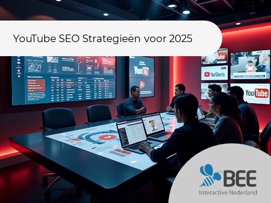 Een vergaderruimte met vijf mensen die rond een futuristische tafel met ingebouwde schermen zitten. Op de muren hangen meerdere grote schermen met dashboards en YouTube-logo's. De ruimte is gedimd verlicht, met een sfeer van concentratie en samenwerking. </