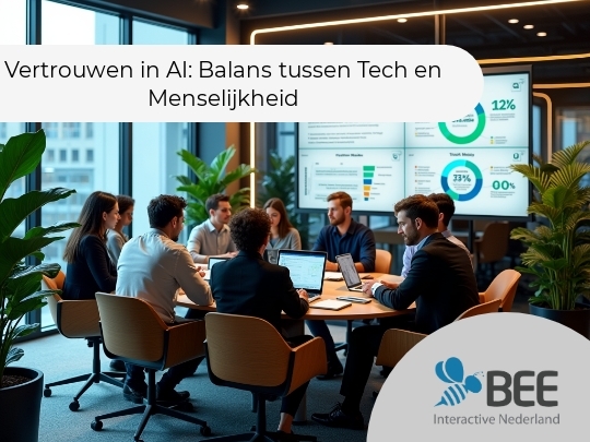 Een groep mensen zit rond een vergadertafel in een modern kantoor, met laptops open voor zich. Op de achtergrond hangt een groot scherm met grafieken en tekst. De ruimte is helder verlicht met veel natuurlijke lichtinval en er staan verschillende groene planten.