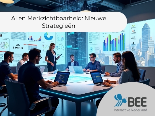 Een moderne vergaderruimte met acht mensen die aan een tafel zitten en werken op laptops. Aan de muren hangen digitale schermen met grafieken en informatie. Een vrouw staat en presenteert iets terwijl de anderen aandachtig lijken te luisteren. De kamer heeft een futuristische uitstraling