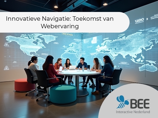 Een groep mensen zit aan een ronde tafel in een moderne vergaderruimte. Op de achtergrond is een grote geprojecteerde wereldkaart te zien met informatie en tekst in het Engels. De sfeer is professioneel en de verlichting is dim met spotlights gericht op de kaart. Divers