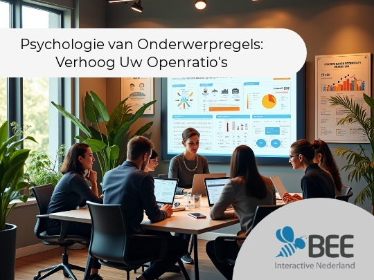 Een vergaderzaal met zes mensen die rond een tafel zitten en op laptops werken. Aan de muur hangt een groot scherm met grafieken en data. De ruimte is modern ingericht met een houten vloer en groene planten. Er hangt een professionele en geconcentreerde sfeer.