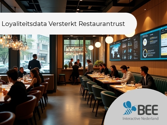 Een modern ingerichte restaurant-interieur met mensen die aan verschillende tafels zitten te dineren. De ruimte heeft een warme, sfeervolle verlichting met hanglampen en een groot digitaal scherm aan de muur dat informatie toont. Grote ramen bieden uitzicht op de straat buiten. </alttext