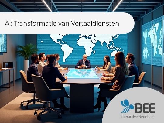 Een groep van zes mensen zit rond een vergadertafel in een moderne vergaderruimte. De nadruk ligt op een grote digitale wereldkaart op de achtergrond die de hele wand beslaat. De personen zijn bezig met een zakelijke bespreking, omgeven door blauw get