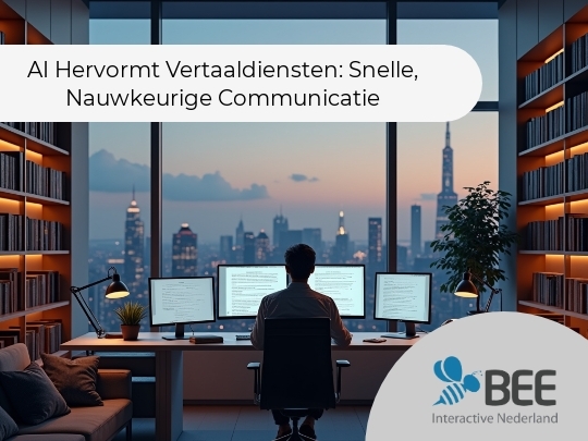 Een persoon zit aan een bureau in een moderne kantoorruimte, met uitzicht op een stad bij zonsondergang. Voor de persoon staan drie monitoren op het bureau, omringd door boekenplanken en planten. De kamer heeft een warme en sfeervolle verlichting.