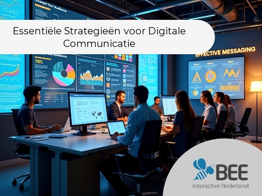 Een groep mensen zit in een moderne conferentieruimte met grote computerschermen en projectieschermen aan de muur waarop grafieken en analyses te zien zijn. De ruimte heeft een donkere, professionele sfeer met blauwe verlichting. Op de schermen staan gegevens over doelgroepbetrokken