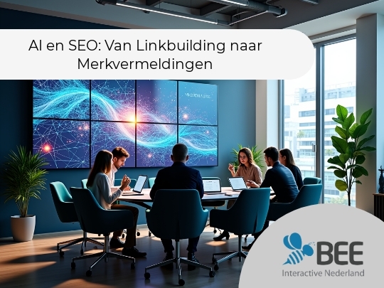 Een groep mensen zit in een moderne vergaderruimte rond een ovale tafel met laptops. Aan de muur hangt een groot scherm met een abstract beeld van een netwerk met blauwe en oranje lijnen. De ruimte heeft grote ramen en er staan enkele planten in de hoeken,