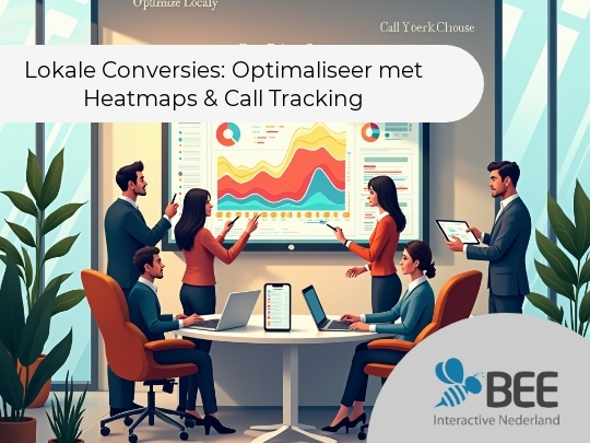 Een groep mensen in een moderne kantooromgeving is bezig met een presentatie. Twee vrouwen wijzen naar een groot scherm met kleurrijke grafieken en diagrammen, terwijl twee mannen toekijken en aantekeningen maken. Op de tafel staan laptops en een tablet. Aan de muur hangen de