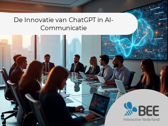 Een groep mensen zit in een moderne vergaderruimte met grote ramen die uitzicht bieden op een stad in de schemering. Ze zitten aan een lange glazen tafel met laptops en notitieblokken. Aan de muur hangt een groot scherm met een blauwe digitale afbeelding en verschillende