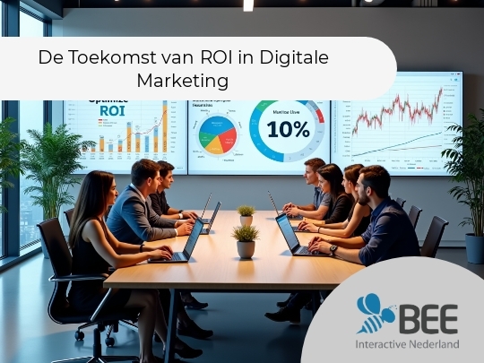 Een team van acht mensen zit aan een vergadertafel met laptops in een moderne kantoorruimte, terwijl ze naar grote schermen aan de muur kijken waarop grafieken en teksten zoals "Optimize ROI" en "Maximize Uwze" worden getoond. De ruimte heeft een professionele