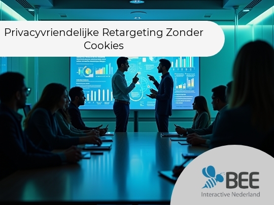 Twee mannen staan tegenover elkaar in een vergaderruimte en lijken in discussie te zijn, met op de achtergrond een groot scherm waarop een presentatie wordt getoond met als titel "Privacy-Safe Retargeting 2025". Aan weerszijden van de kamer zitten mensen