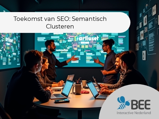 Een groep mensen zit rond een tafel in een donkere vergaderruimte, bezig met een discussie. Twee grote schermen aan de muur tonen een gedetailleerde diagram, waaronder het woord 'ariluset'. De aanwezigen werken op laptops en een hanglamp verlicht