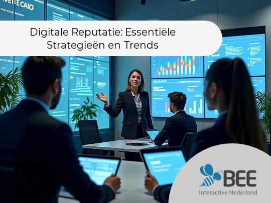 Een zakenvrouw geeft een presentatie in een moderne vergaderruimte met grote schermen die grafieken en gegevens tonen. Drie collega's luisteren aandachtig, elk met een tablet voor zich. De sfeer is professioneel en gefocust.