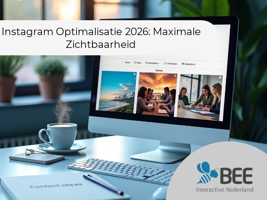 Een computerbeeldscherm toont een Instagram-profiel met foto's van een strandlandschap en een groep mensen die in een vergaderruimte samenwerken. Op de voorgrond staat een bureau met een kop koffie, een notitieboek met de tekst "Content ideas", en een