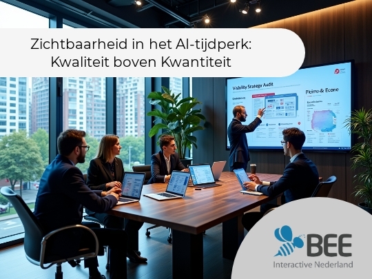 Een groep van vier mensen zit in een moderne vergaderruimte met grote ramen die uitzicht bieden op een stedelijk landschap. Ze kijken naar een presentatie op een groot scherm aan de muur waarop "Visibility Strategy Audit" staat. Een man presenteert voor het scherm terwijl de anderen