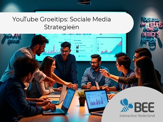 Een groep jonge professionals zit in een moderne vergaderruimte rond een tafel met laptops en grafieken op schermen. Op een groot scherm aan de muur worden gegevens en grafieken getoond met de tekst "Optimize for Growth". De sfeer is geconcentreerd en collaboratief