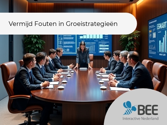 In een moderne vergaderzaal zit een groep zakenmensen in formele kleding rondom een grote, ovale houten tafel. Aan de muur zijn grote schermen met grafieken en statistieken zichtbaar. Een vrouw staat aan de tafel met een tablet voor zich, terwijl de anderen aandacht