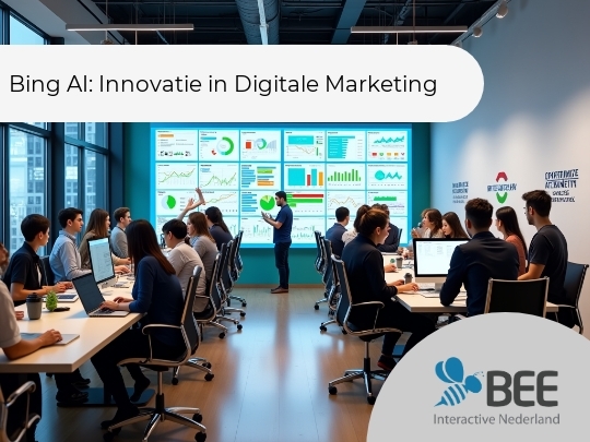 Een moderne kantoorruimte met meerdere mensen zittend aan twee tegenovergestelde tafels, werkend op laptops. Aan de muur hangt een groot scherm met diverse grafieken en dataweergaves. Een persoon staat voor het scherm en wijst naar de grafieken, terwijl anderen aandacht