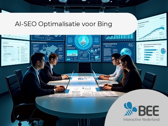 Mensen zittend in een vergaderruimte met laptops aan een ovale tafel, omringd door grote schermen met diverse grafieken, kaarten en data. De sfeer is modern en high-tech met blauwachtige verlichting.