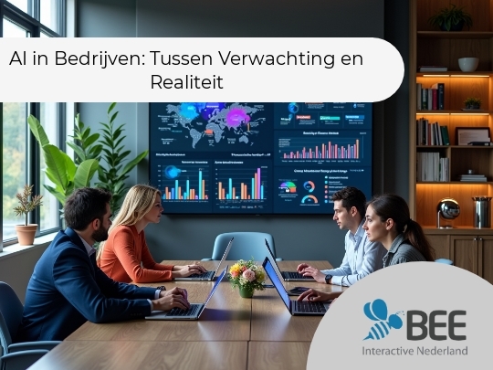 Vier mensen zitten aan een vergadertafel met laptops voor zich in een moderne kantoorruimte. Aan de muur hangt een scherm met infographics en grafieken. Planten en boekenplanken zijn zichtbaar in de achtergrond.