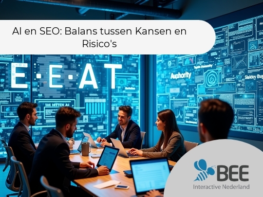 Een groep mensen in zakelijke kleding zit aan een vergadertafel in een modern kantoor met laptops open. Op de achtergrond is een groot scherm te zien met de tekst "E-E-A-T" en verschillende digitale grafieken en teksten in blauwlicht. De sfeer is professioneel en gef