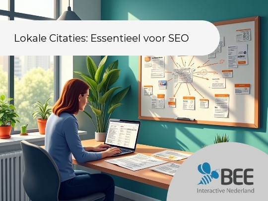 Een vrouw zit aan een bureau met een laptop en documenten, werkend in een zonnig kantoor. Aan de muur hangt een groot prikbord met diverse notities en foto's, dat als een brainstorm- of planningsbord lijkt te dienen. Er zijn kamerplanten in de