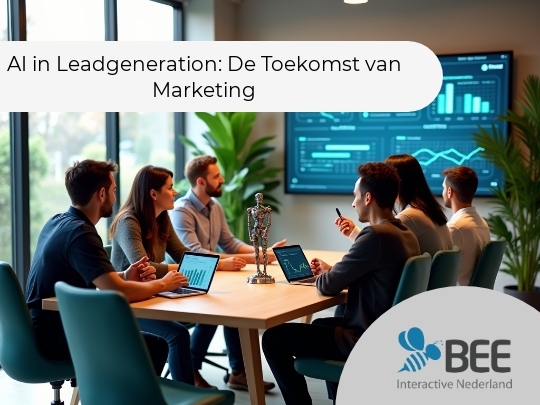 Een groep mensen zit rondom een vergadertafel in een moderne kantoorruimte, elk met een laptop voor zich. Op de tafel staat een klein menselijk figuurmodel. Op de achtergrond is een groot scherm te zien met grafieken en data-analyse, in een omgeving met