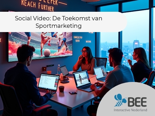 Vier mensen zitten in een moderne vergaderruimte met laptops voor zich, terwijl ze naar een groot scherm kijken waarop een sportwedstrijd wordt getoond. Aan de muur hangen heldere teksten zoals "ENICE DEEPER - REACH FURTHER". De kamer heeft grote