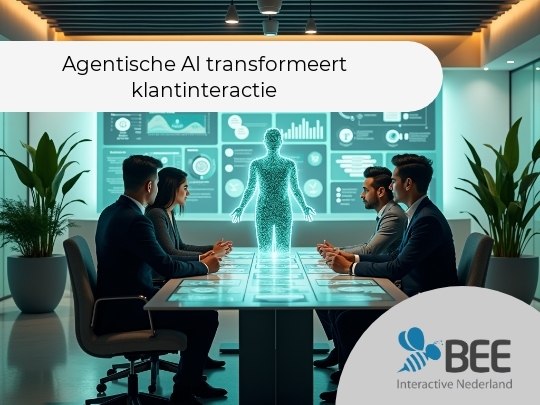 Vier mensen in zakelijke kleding zitten aan een vergadertafel in een moderne, verlichte ruimte, terwijl een holografische figuur voor hen verschijnt. Op de achtergrond is een groot scherm te zien met vele grafieken en informatie.