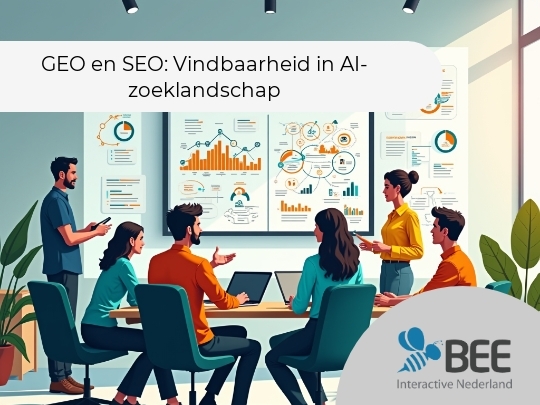 Een groep van vijf mensen zit aan een vergadertafel in een moderne kantoorruimte. Ze kijken allemaal naar een scherm waarop grafieken en diagrammen met de titels 'Geomated SEO' en 'AI Vividiet' staan. De sfeer is professioneel en geconcentreerd