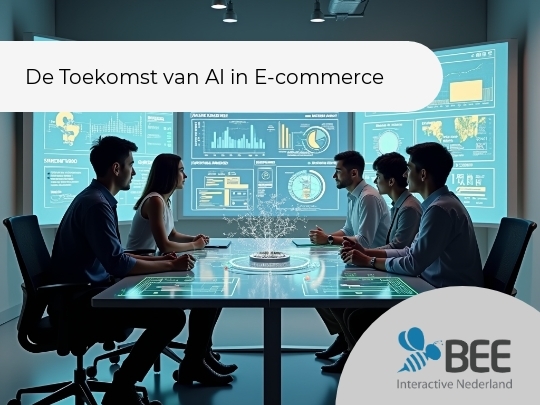 Vijf mensen zitten rondom een verlicht bureau in een moderne vergaderruimte, omringd door grote schermen met digitale grafieken en gegevens in blauwe tinten. De sfeer is futuristisch en de groep lijkt zich te concentreren op een centraal interactief display op
