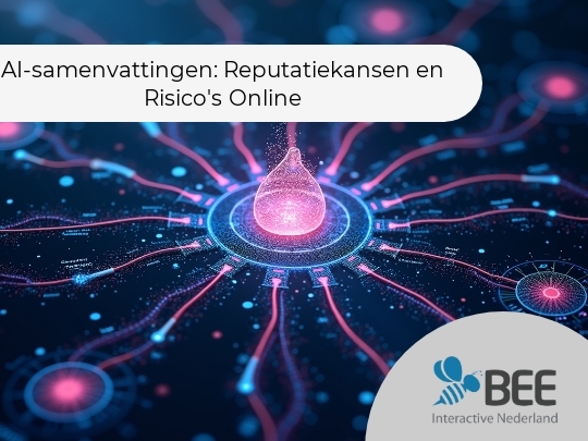 Een futuristische afbeelding met een centraal lichtgevend digitaal element in roze en paars, omgeven door stralende lijnen en pulserende cirkels, die verbindingen en data-uitwisseling symboliseren op een donkere achtergrond.