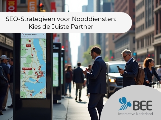 Een drukke stadsstraat met hoge gebouwen, waar twee mannen in pakken op hun telefoons kijken voor een interactief scherm met een kaart. Op de achtergrond zijn voetgangers en een fietser zichtbaar. Het scherm toont rode markeringen en de woorden "WHYi & EMER
