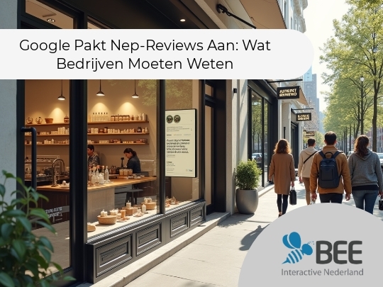 Een moderne straat met een etalage van een koffiebar, waarbinnen twee mensen drankjes bereiden. Voor het raam staan houten producten uitgestald. Op de achtergrond lopen vier mensen langs de winkels. Het weer is zonnig en de straat is omgeven door bomen.</