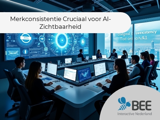 Een moderne vergaderruimte met mensen die aan computers werken, gericht op een groot scherm aan de muur dat complexe digitale gegevens en grafieken weergeeft. De sfeer is high-tech en professioneel, met een stadspanorama zichtbaar door een raam.