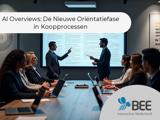Een groep mensen zit aan een lange vergadertafel met laptops, terwijl twee mannen aan het uiteinde van de tafel naar een scherm presenteren. Op het scherm staat een samenvatting van teksten onderverdeeld in vier kolommen. De sfeer is formeel en professioneel. </