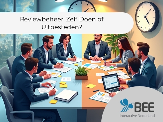 Een groep van acht mensen in formele kleding zit rond een vergadertafel, bezig met het bespreken van documenten. Aan de linkerzijde van de kamer is het dag, met een groot raam dat uitzicht biedt op een stad, terwijl de rechterzijde kunstmatig verlicht is en