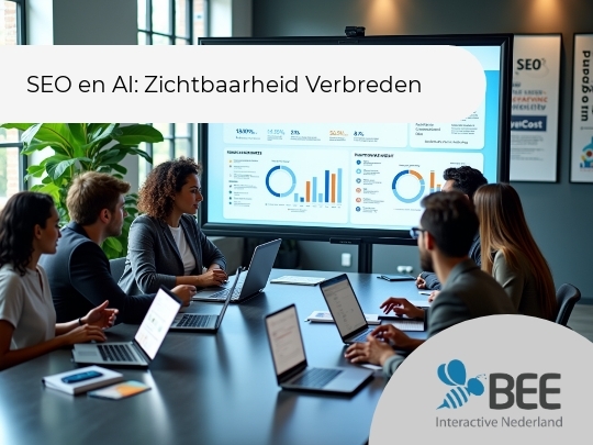Een groep mensen zit rond een lange tafel in een vergaderruimte, kijkend naar een groot scherm met grafieken en gegevens in een professionele omgeving. De ramen laten natuurlijk licht binnen en er is een grote groene plant zichtbaar. De aanwezigen gebruiken laptops terwijl ze de presentatie