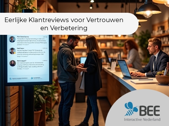 Een moderne winkel met houten interieur waarin een man en vrouw elkaar vasthouden tegenover een balie. Aan de rechterkant zit een man in pak achter een laptop. Links hangt een digitaal scherm met tekst en afbeeldingen van mensen. De ruimte is sfeervol verlicht met hanglampen